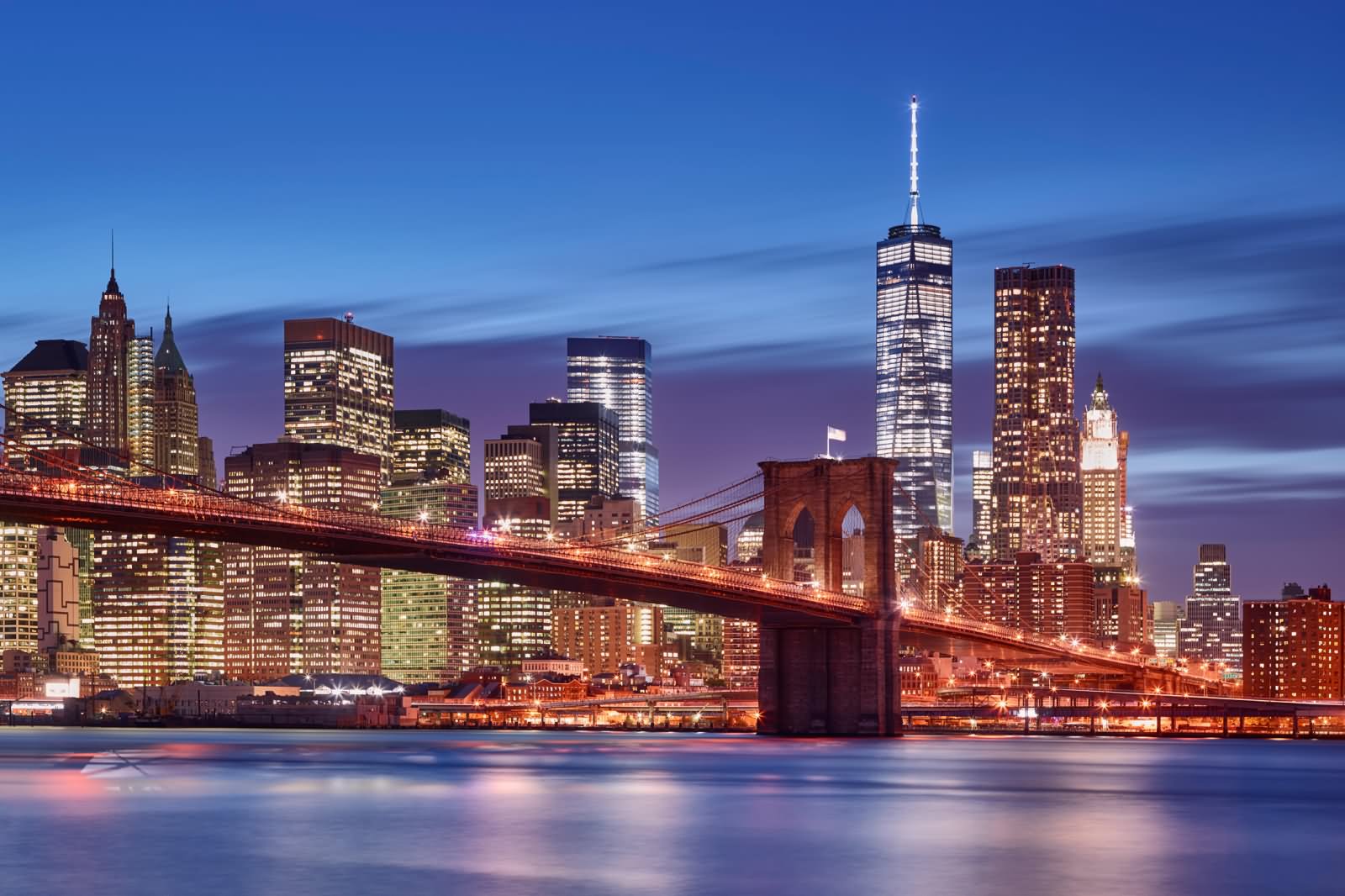 Brooklyn Bridge And One World Trade Center Night View