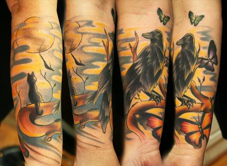 Butterfly And Raven Tattoo On Forearm