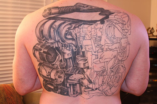 Car Engine Tattoo On Back Body