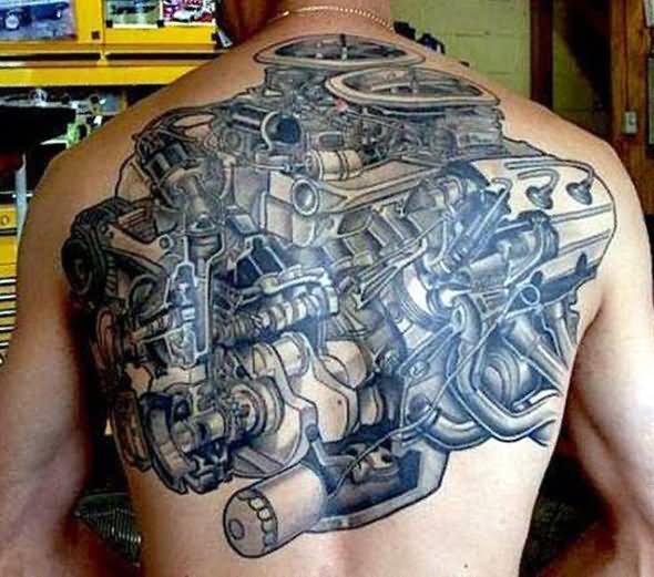 Car Engine Tattoo On Full Back