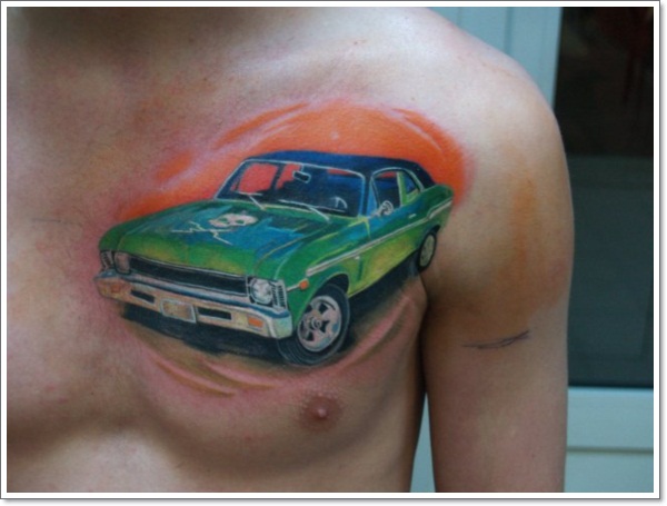 Car Tattoo On Man Chest