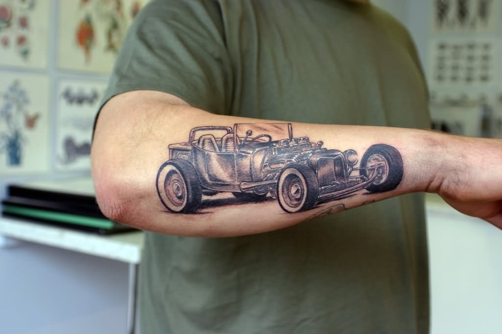Car Tattoo On Man Right Forearm