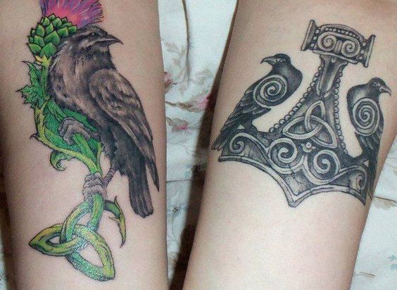 Celtic Anchor And Hugin And Munin Tattoos On Forearm