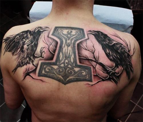 Celtic Thor And Norse Raven Tattoo On Man Upper Back