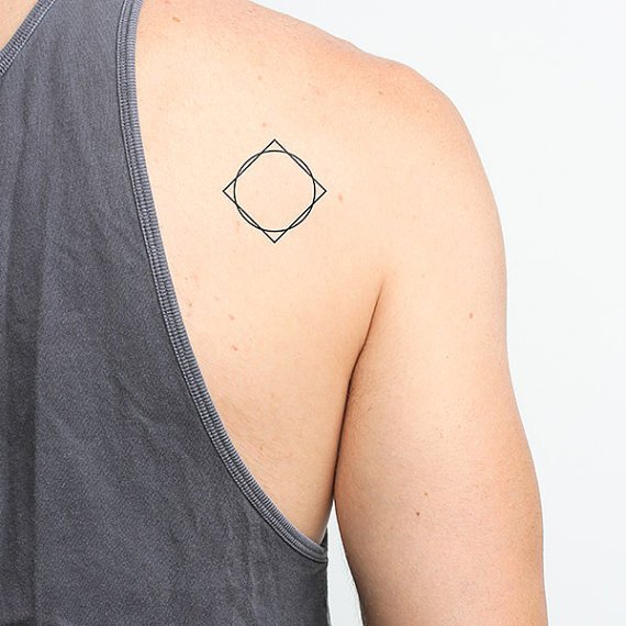 Circle In Square Tattoo On Right Back Shoulder