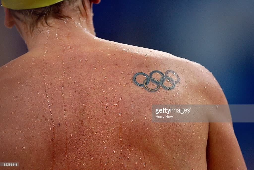 Classic Olympic Symbol Tattoo On Man Right Back Shoulder