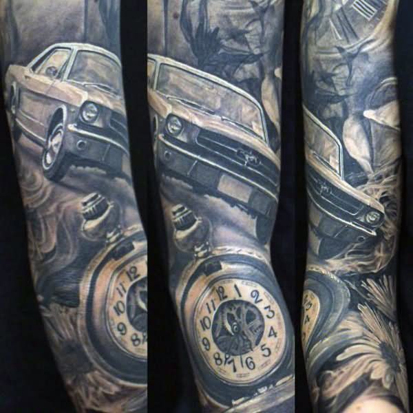 Clock And Car Tattoo On Sleeve