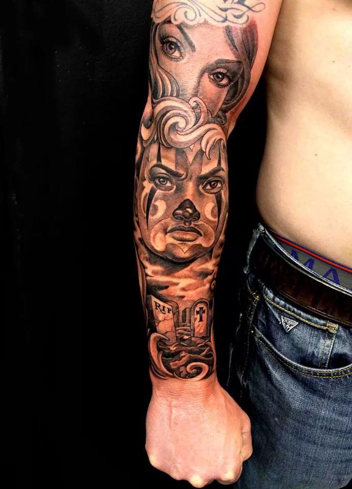 Clown Girl Joker Tattoo On Man Right Sleeve