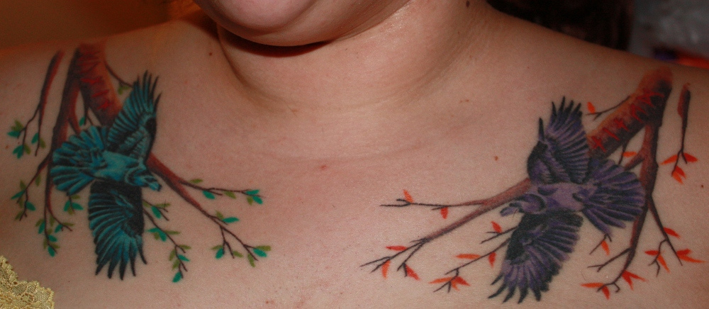 Color Ink Flying Hugin And Munin Tattoos On Collarbone
