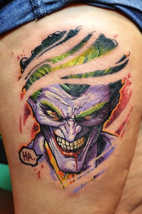 Color Ink Joker Tattoo On Side Thigh