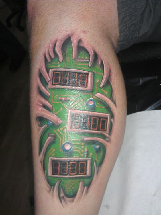 Color Ripped Skin Chip Tattoo On Leg