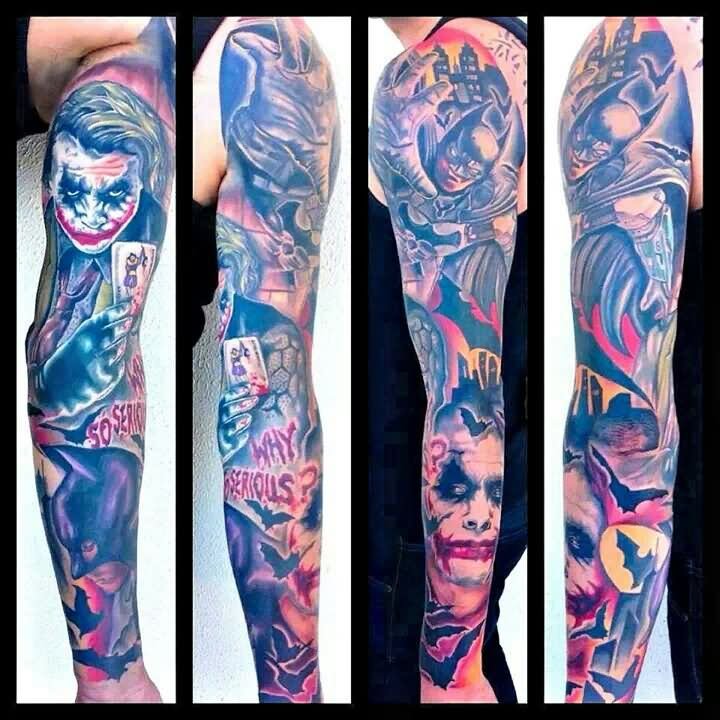 Colored Batman Joker Tattoo On Arm Sleeve