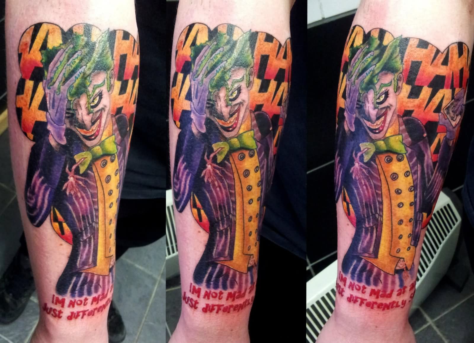 Colored Batman Joker Tattoo On Sleeve