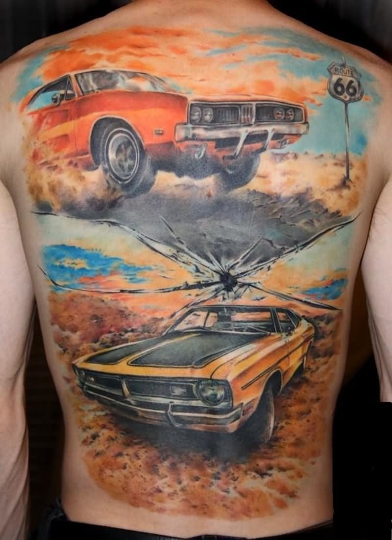 Colored Car Tattoos On Full Back For Men