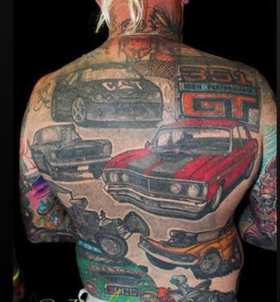 Colored Car Tattoos On Man Full Back
