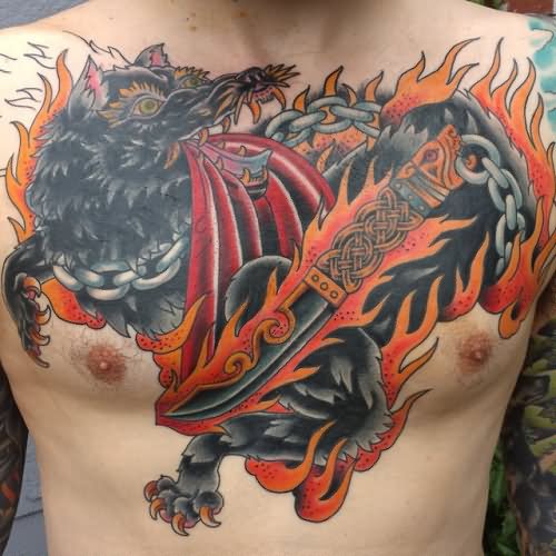 Colored Fenrir Tattoo On Chest For Men