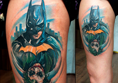 Colored Ink Batman Joker Tattoo On Thigh