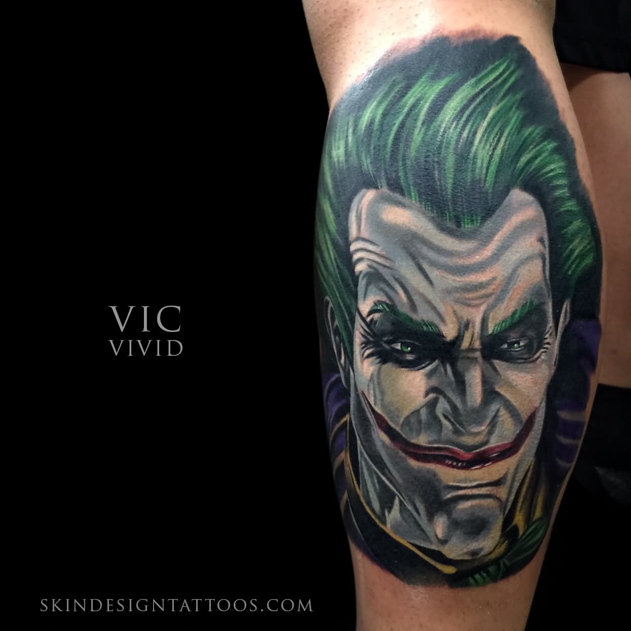 Colored Joker Tattoo Design For Leg