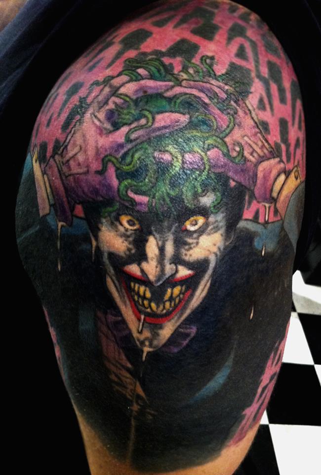 Colored Joker Tattoo On Left Shoulder