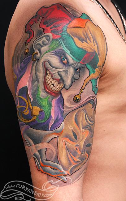 Colored Joker Tattoo On Right Half Sleeve
