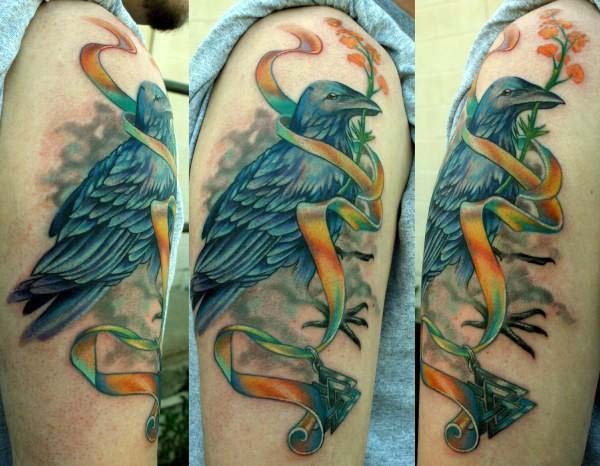 Colored Odin's Raven Tattoo On Right Half Sleeve