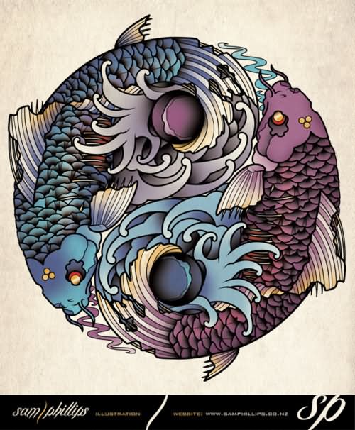 Colored Yin Yang Fish Tattoo