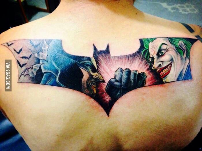 Colorful Batman Joker Tattoo On Upper Back