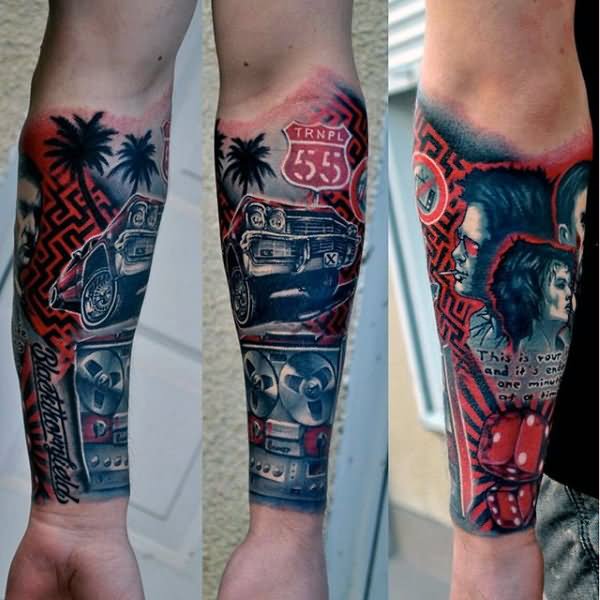 Colorful Car Parts Tattoo On Forearm