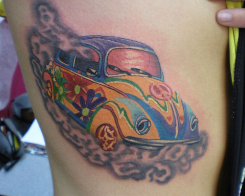 Colorful Car Tattoo On Rib Side