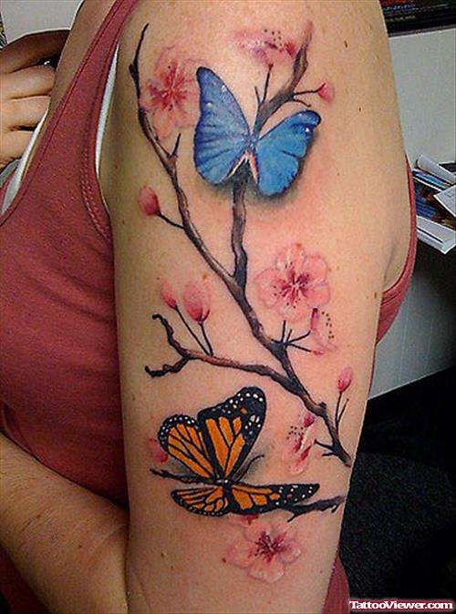 Colorful Feminine Butterflies Tattoo On Girl Left Half Sleeve