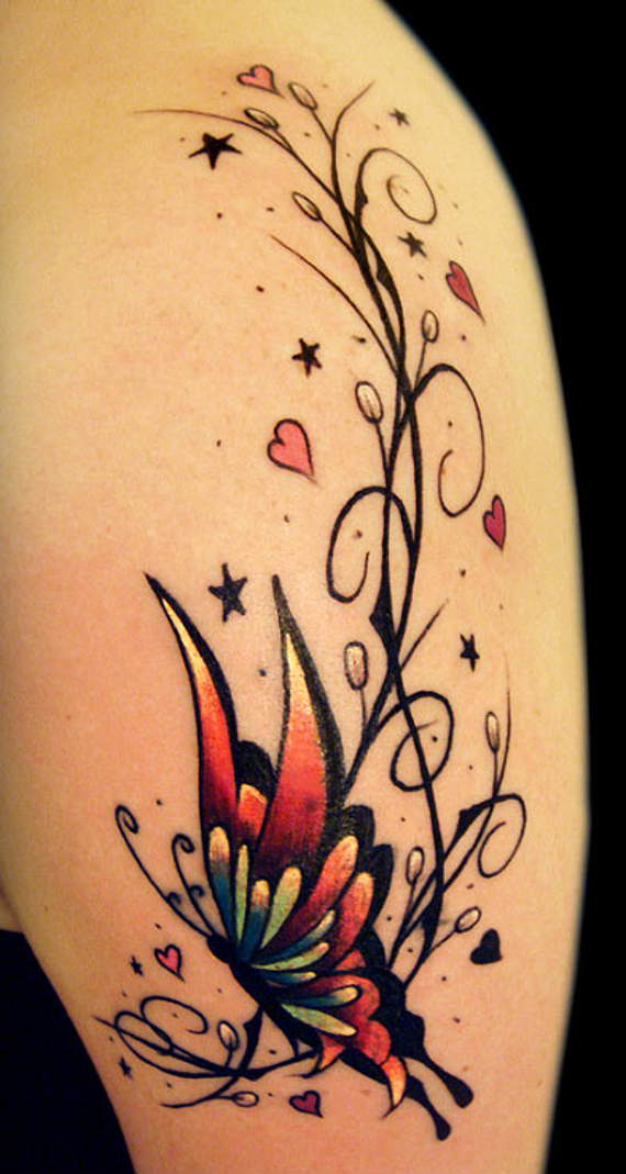 Colorful Feminine Butterfly Tattoo Design For Shoulder