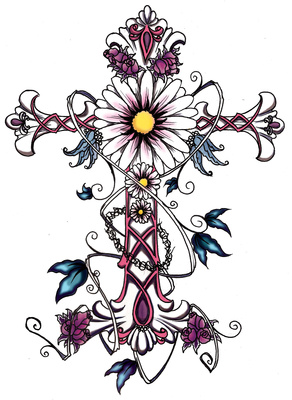 Colorful Feminine Flower Cross Tattoo Design