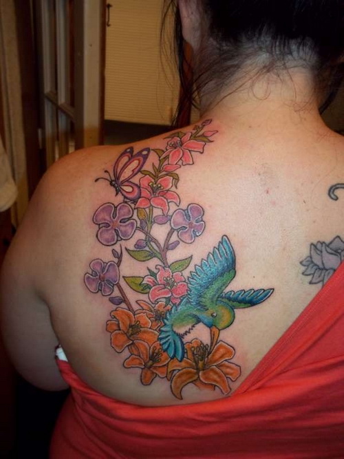 Colorful Feminine Flower With Bird Tattoo Design For Left Back Shoulder