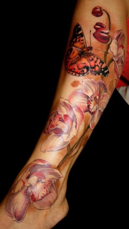 Colorful Feminine Flower With  Butterfly Tattoo Design For Leg