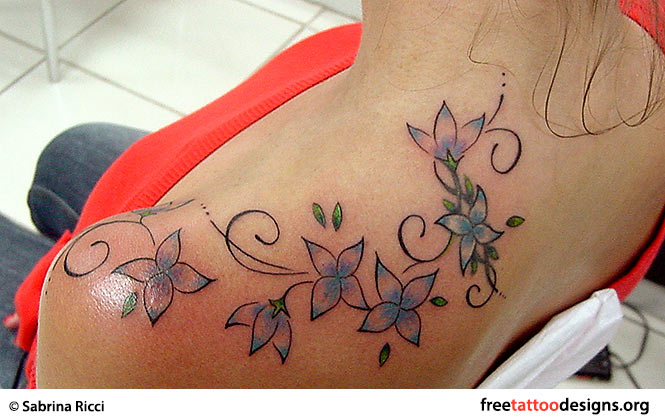Colorful Feminine Flowers Tattoo Design For Shoulder