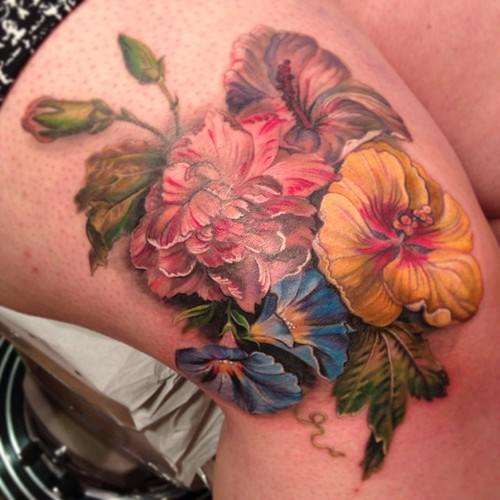Colorful Feminine Flowers Tattoo Design For Thigh
