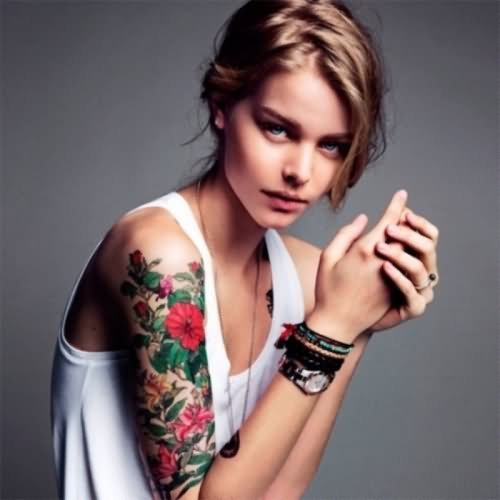 Colorful Feminine Flowers Tattoo On Girl Right Half Sleeve