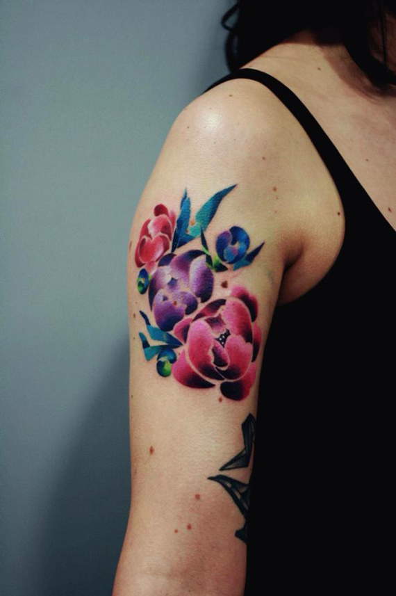 Colorful Feminine Flowers Tattoo On Half Sleeve