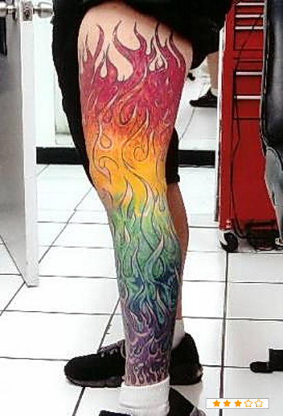 Colorful Fire And Flame Tattoo On Full Leg