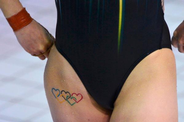 Colorful Heart Olympic Symbol Tattoo On Thigh
