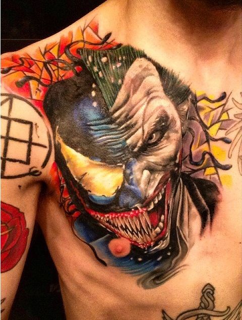 Colorful Joker Tattoo On Man Chest