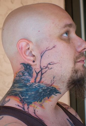 Colorful Odin's Raven Tattoo On Man Side Neck