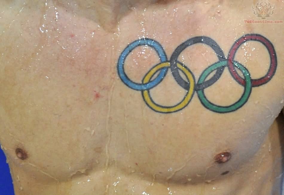 Colorful Olympic Symbol Tattoo On Man Chest