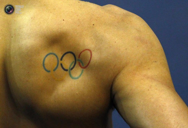 Colorful Olympic Symbol Tattoo On Man Right Back Shoulder