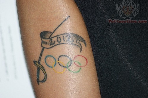 Colorful Olympic Symbol With Banner Tattoo Design
