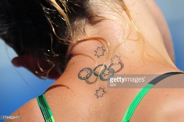 Colorful Olympic Symbol With Stars Tattoo On Girl Back Neck