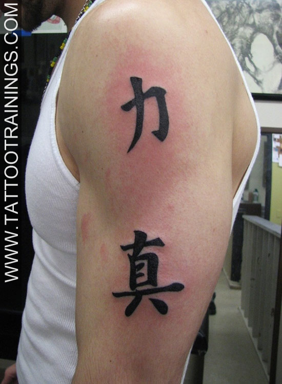 Cool Kanji Tattoo On Man Left Half Sleeve
