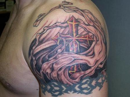 Cross In Fire And Flame Tattoo On Man Left Shoulder