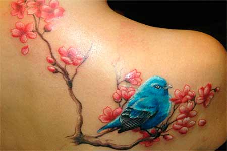Cute Feminine Bird With Flowers Tattoo On Right Back Shoulder