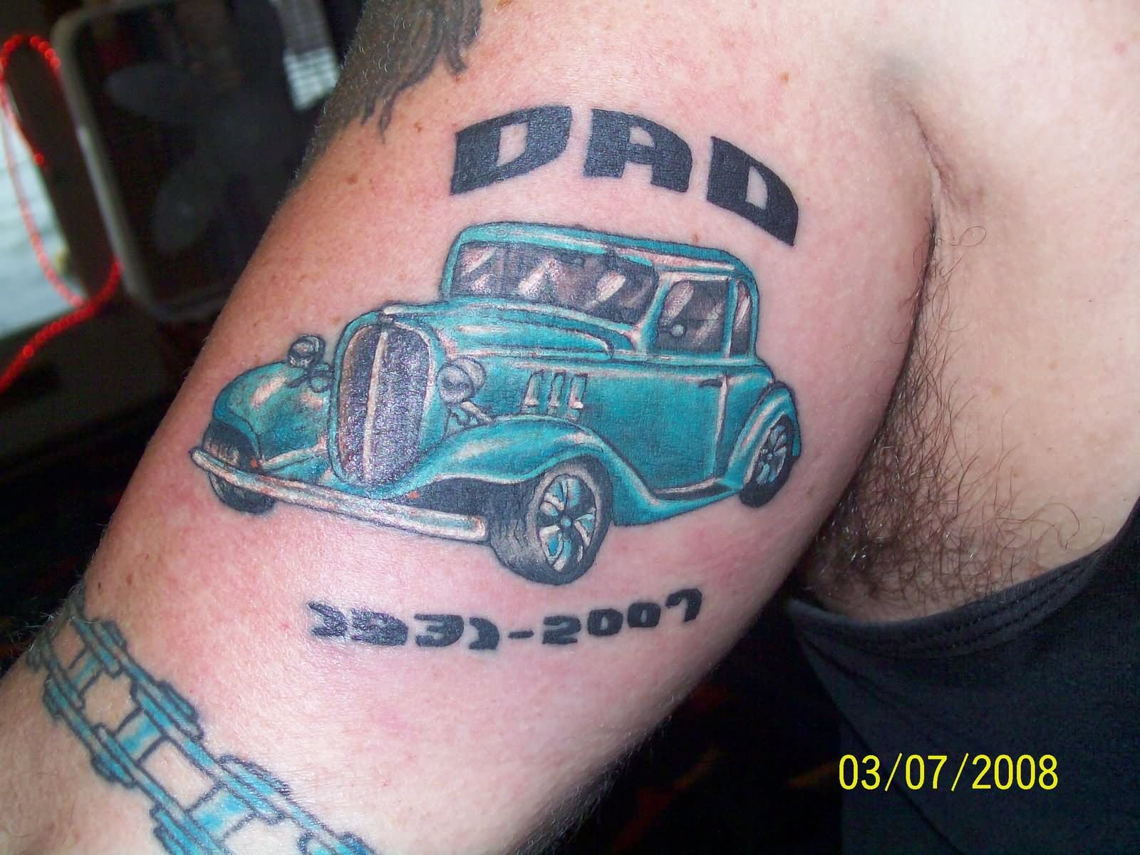 Dad Memorial Car Tattoo On Bicep